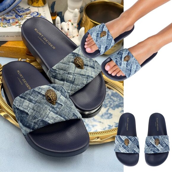 🆕 KURT GEIGER LONDON 🧿 NWOB Blue Denim Meena Eagle Slides, Sz EU 38 US 7.5 - Picture 1 of 12